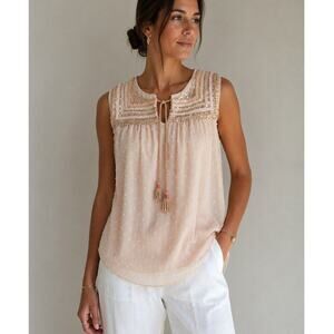 A Common Thread Blush Sequin Swiss Dot Tassel Boho Tank Top Size Small